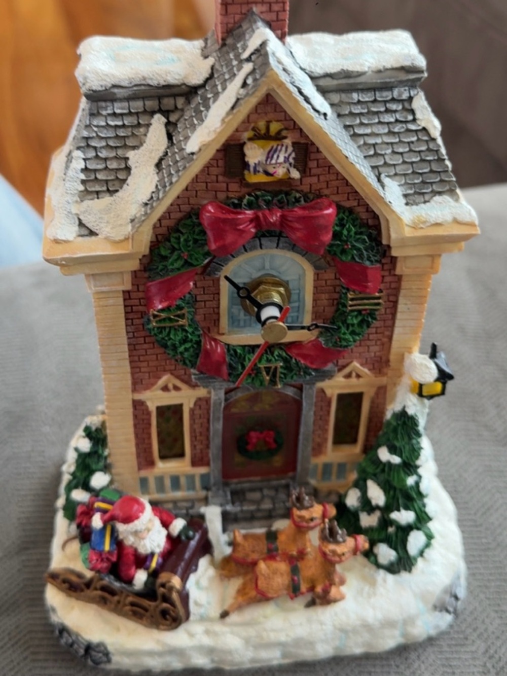 Festive Holiday Clock House Figurine with Red & Green Wreath